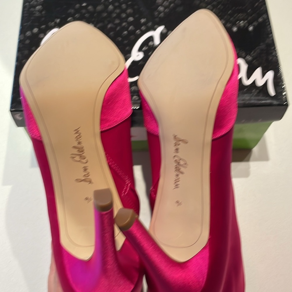 🆕 Sam Edelman Olette High Pointed Toe, Satin, Hot Pink Ankle Boots. Size 9.5M - Picture 8 of 10